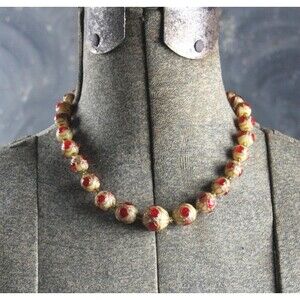 Gorgeous Old Italian Glass Red Eye Gold Embellished Bead Wedding Cake Necklace